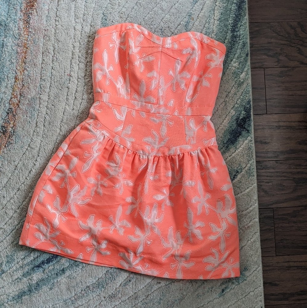 Milly of New York Coral Strapless Floral-Print Mini Dress